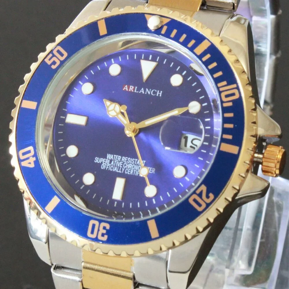 Men's Diver Style Watch Blue Bezel Silver Gold Tone 40mm